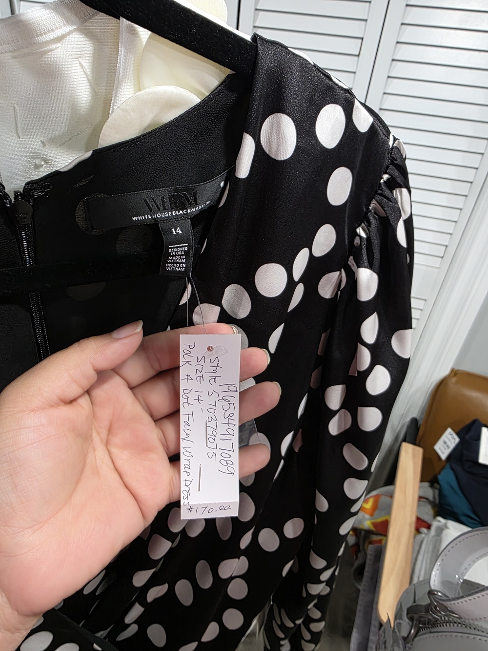 White House Black Market Black and White Polka Dot Wrap Midi Dress - Picture 7 of 10